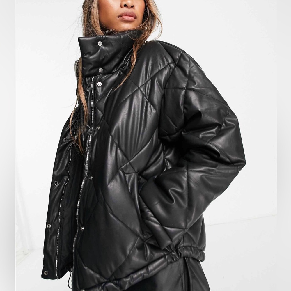Bershka Faux Leather Oversize Quilted Puffer Jacket in Black